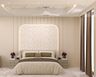 Guest Bedroom Design with Backlit Leaf Wall and Padded Bed