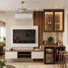 Walnut Home Bar Design with Glass Cabinets and Mini Fridge