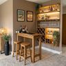 Wooden Home Bar Design with LED Shelves and Diamond Wine Rack