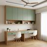 Home Office Design with Double Desk and Green Cabinets