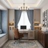 Home Office Design with Blue Window Nook and Chandelier