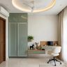 Home Office Design with Green Sliding Wardrobe and Tiered Desk