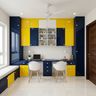 Home Office Design with Dual Workstation and Yellow-Blue Storage