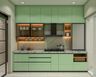 Straight Kitchen Design with Gloss Green Cabinets and Glass Display Unit
