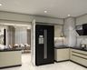 U-Shaped Kitchen Design with Beige Cabinets and Tall Glass Display Unit
