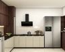 L-Shaped Kitchen Design with Brown Overhead Lofts and Beige Base Cabinets