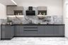 L-Shaped Kitchen Design with Grey Base Cabinets and Wood Wall Units