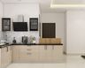 L-Shaped Kitchen Design with Green Overhead Cabinets and Beige Base Units