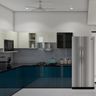 L-Shaped Kitchen Design with Blue Base Cabinets and White Wall Cabinets