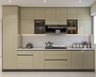 Open Kitchen Design with Beige Glossy Units and Dark Glass Cabinets