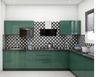 L-Shaped Kitchen Design with Green Glossy Cabinets and Patterned Backsplash