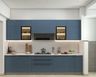 Parallel Kitchen Design with Blue Suede Units and Glass Display Cabinets
