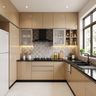 U-Shaped Kitchen Design with Beige Cabinets and Frosted Glass Wall Units