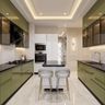 Parallel Kitchen Design with Olive Green Cabinets and Central Breakfast Bar