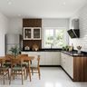 L-Shaped Off-White Kitchen with Dark Walnut Fluted Accent Panel and Dining Set