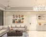 Living Room Design with Botanical Gallery Wall and Chandelier