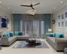 Living Room Design with Tufted Grey Chesterfield Sofa and Blue Curtains