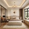 Master Bedroom Design with Tufted Wingback Bed and Workspace