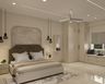 Master Bedroom Design with Arched Stone Feature Wall and Window Storage Bench