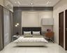 Master Bedroom Design with Charcoal Headboard and Integrated Study Desk