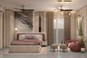 Master Bedroom Design with Marble Feature Wall and Rose Curved Sofa
