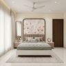 Master Bedroom Design with Floral Wallpaper Arch and Taupe Fluted Headboard