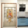 Pooja Room Design in Niche Alcove with Framed Deity Art and Glass Shelving