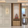 Pooja Room Design with Walnut Frame and Crystal Drop Lights