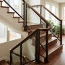 L-Shaped Wooden Staircase Design with Glass Panel Railings