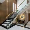 L-Shaped Marble and Granite Staircase Design with Glass