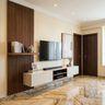 Floating White TV Unit Design with Wood Fluted Wall Panel