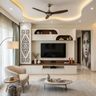 Floor-Standing White TV Unit with Jali Panel and Overhead Cabinets