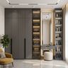 Wardrobe Design with Glass Display Column and Integrated Vanity Backlit Mirror and Open Shelving