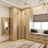 Beige Corner Swing Wardrobe with Integrated Seat and Mirror
