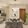 Grey and Wood Modern 6-Seater Dining Room Design with Pendant Light - Livspace