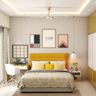 Compact Bedroom with Yellow Tufted Headboard - Livspace