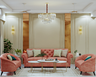 Mirror Panelling Classic Living Room Design with Pink Tufted Sofa Set - Livspace