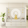 White Modern Spacious Pooja Room Design with Drawers and Bells - Livspace
