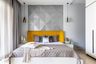 Bedroom Design With White Double Bed And Grey Wall Panelling - Livspace