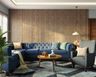 Modern Wall Design With Wooden Fluted Panels Wall Design With Grooves, Blue Sofa Set And Grey Accent Chair - Livspace