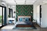 Modern Master Bedroom Design with Floral Wallpaper Accent and Beige Panelled Headboard - Livspace