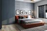 Spacious Master Bedroom Design With Grey L Shaped Wardrobe, Orange Bed, White And Black Art Work - Livspace
