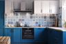 Blue And White Contemporary Kitchen Tile Design With Suede Finish - Livspace