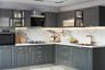 White And Grey Marble Kitchen Backsplash With Grey Kitchen Cabinets - Livspace
