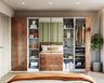 4-Door Swing Wardrobe Design With Textured Brown Shutters, Mirror And Ample Storage - Livspace
