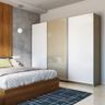 Modern White And Beige 3-Door Sliding Wardrobe Design With Queen-Sized Wooden Bed - Livspace