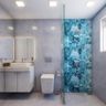 Grey And Blue Small Bathroom Design With White Vanity Unit, Square Mirror And Glass Partition - Livspace