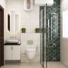 Small Bathroom Design Idea With White And Green Patterned Wall Tiles And White Vanity Unit - Livspace