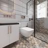 Compact Bathroom Design With White And Multicolored Moroccan Tiles And White 2-Door Vanity Unit - Livspace