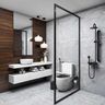 Spacious Bathroom Design With Wooden Accent Wall, Grey Bathroom Tiles, White Vanity Unit And Glass Partition - Livspace